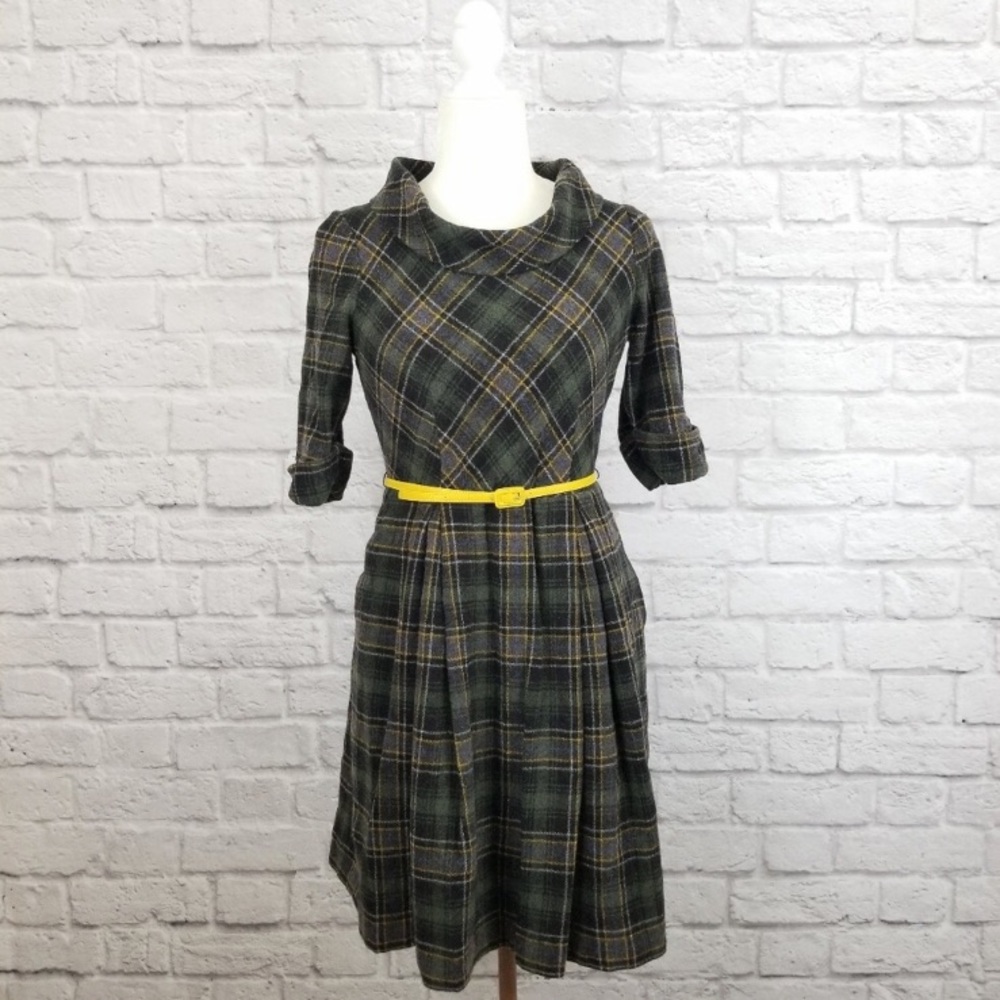 COPY - Ali Ro green black plaid yellow belt cowl dress
